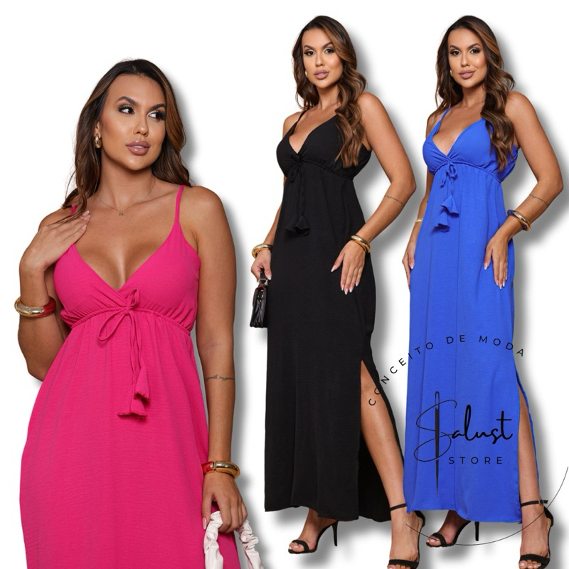 Vestido Longo Com detalhe De Amarrar Com bojo e alças reguláveis Vestido Lindo Moda evangélica Vestido dia a dia
