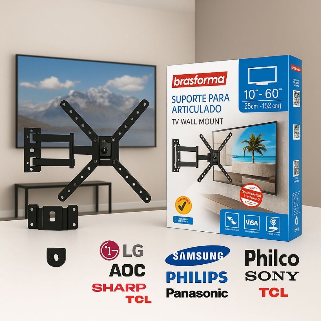 Suporte De Tv Tri Articulado Fixo na parede Universal Led Lcd E Plasma 10 A 60 Polegadas