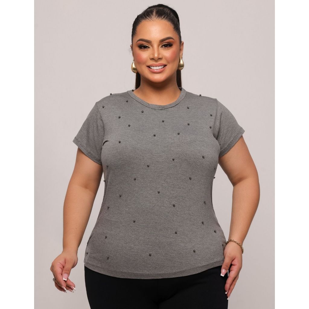 Blusa Feminina com Pérola Plus Size Modelagem Grande T-shirt Plus Size Básica Lisa Alta Qualidade