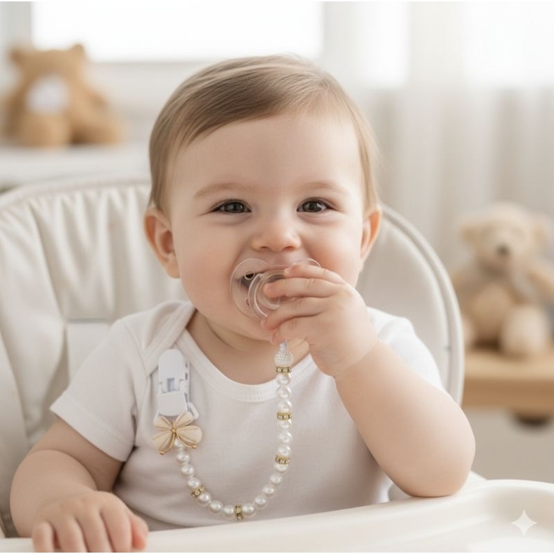 Prendedor de Chupeta de Pérolas | Presilha de chupetas Pérolas