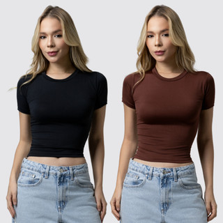 Kit 2 Baby Tee Feminina - Blusa Slim Fit Manga Curta Blusa de Compressão Várias Cores Aju…