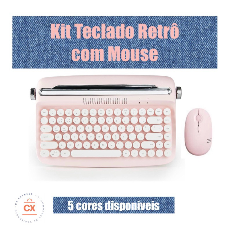 Kit Teclado Bluetooth Retrô c/ Mouse sem Fio (Conjunto) para Tablet e Celular