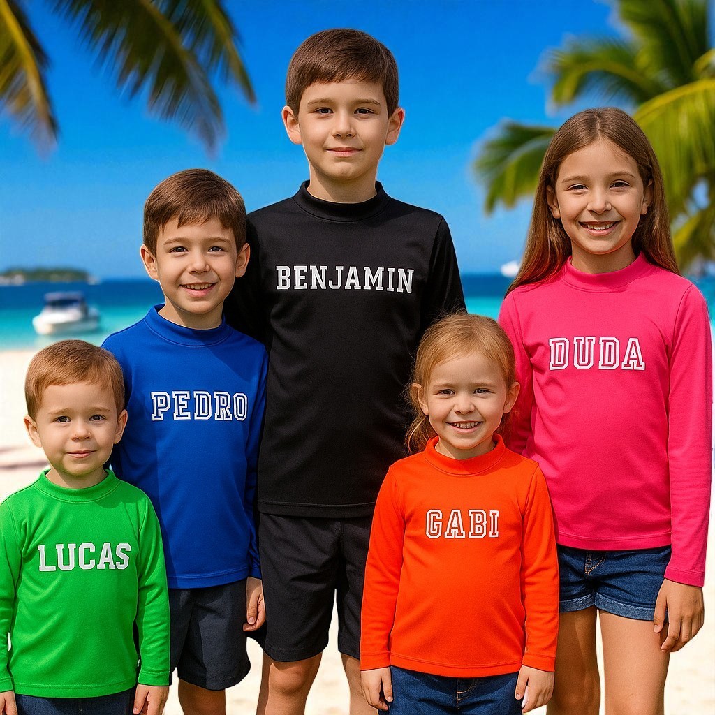 Camisa UV Infantil Personalizada com Nome – Proteção Solar FPS 50+ Para Praia e Piscina