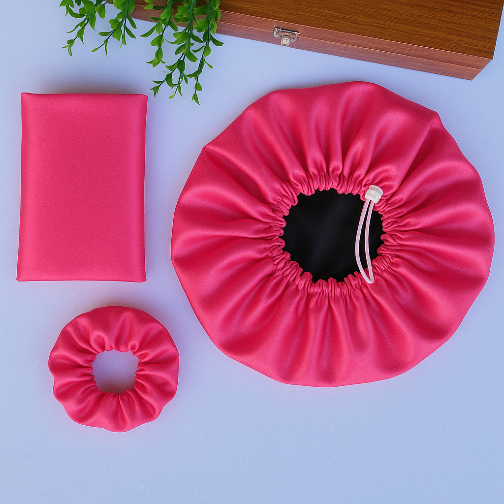 Kit Cetim Antifrizz – Touca Regulável + Fronha de cetim 50x70cm + Scrunchie Macia Feminina