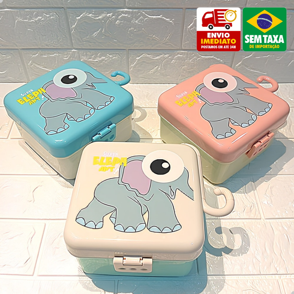 Marmita Infantil Elefante Com Tampa e Trava Colher Plástico Azul Rosa Branco Lancheira Escolar