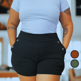 Shorts Feminino Plus Size Malha Crepe Cintura Alta em Oferta na Shopee