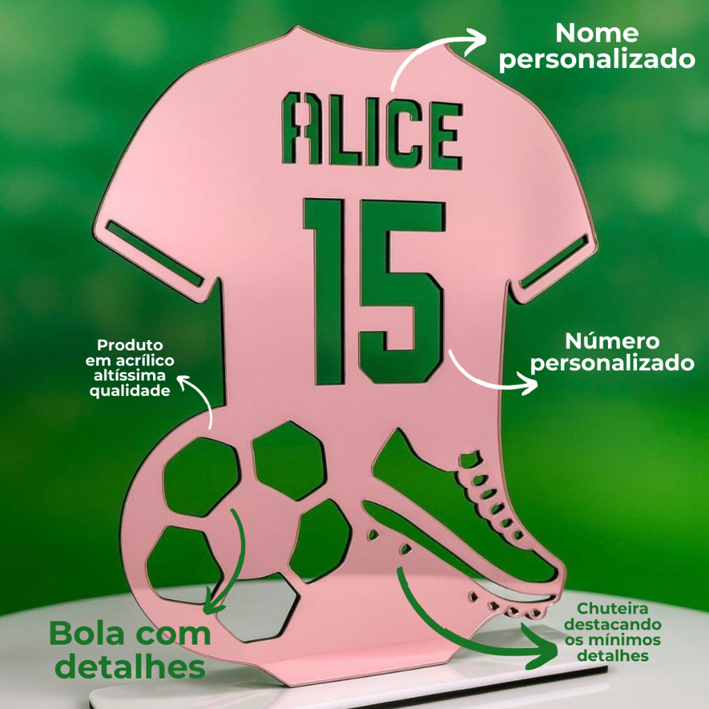 Troféu em Acrílico Personalizado Nome e Número Camisa de Futebol