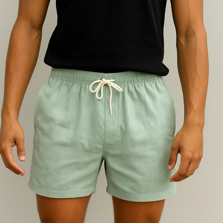 Shorts Masculino de Linho Casual Verão Verde Menta, Short Reto com Elástico e Cordão Confortável