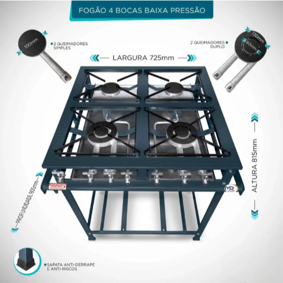 Fogão 4 Bocas Industrial Baixa Pressão Perfil 5 Grelha 30 Cm Baixo Consumo De Gás MR Fogões