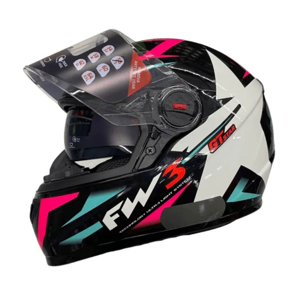 Capacete Fw3 Integral Gtx Star Azul Tiffany Rosa Óculos Interno Preto
