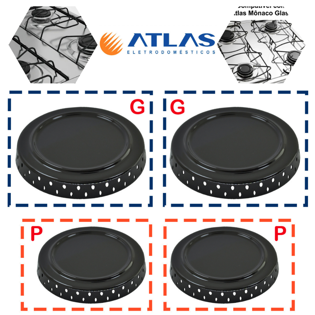 Kit com 4 Tampas Espalhador Esmaltado Originais para Fogão Atlas Mônaco Preto 2 Pequenas e 2 Grandes