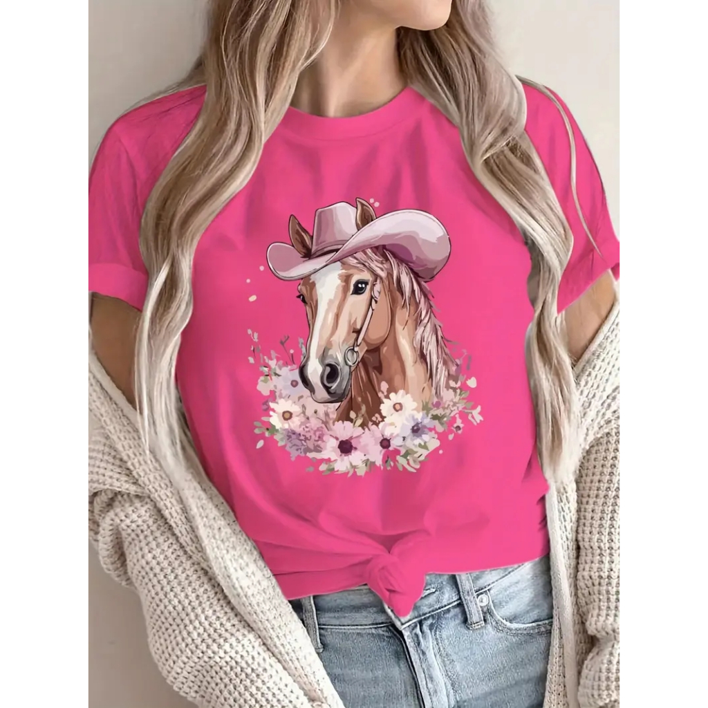 Camiseta T-shirt  Feminina Cavalo Chapéu Casual 100% Algodão