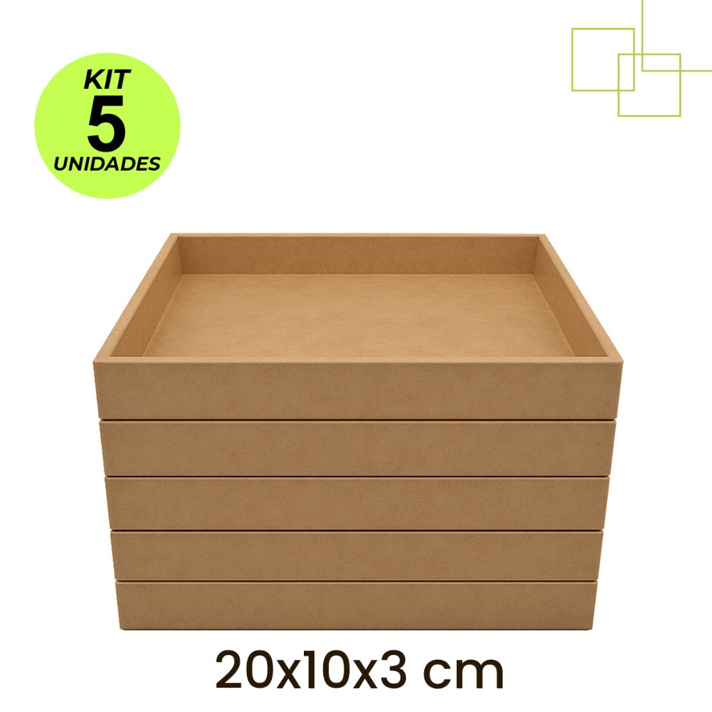 Kit 5 Bandejas Retas Retangular MDF Cru Bandejinha Decora e Servi  Pequena Reta 20x10x3 3 mm