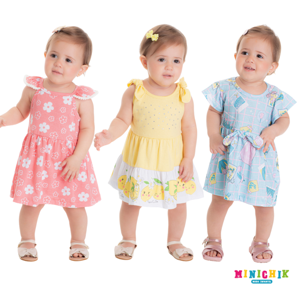 Kit 3 Peças Vestidos Bebê Menina Rosa Floral, Amarelo Pastel e Azul com Laço