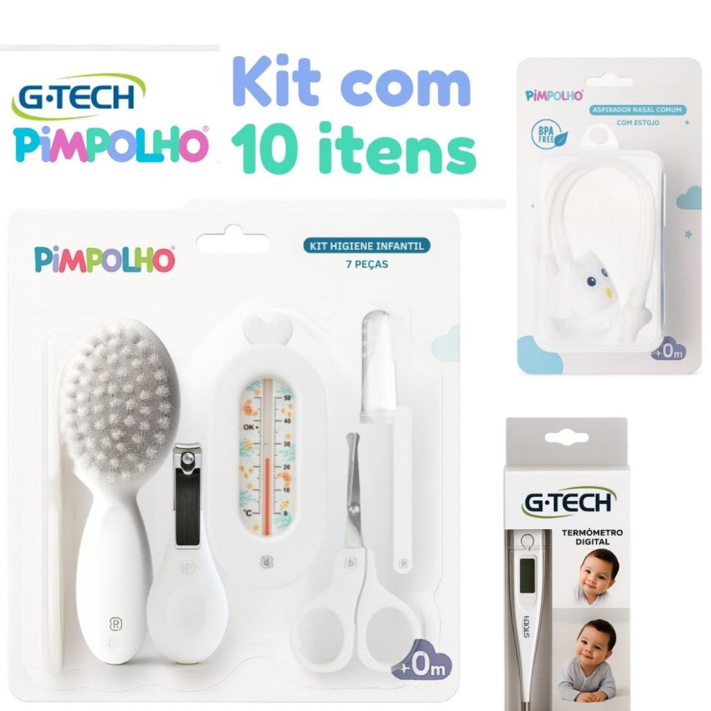 Kit enxoval Premium Higiene para bebe 10 Peças – Com Termômetro G-Tech + Aspirador Nasal c/ Estojo Pimpolho e G-tech em Oferta na Shopee