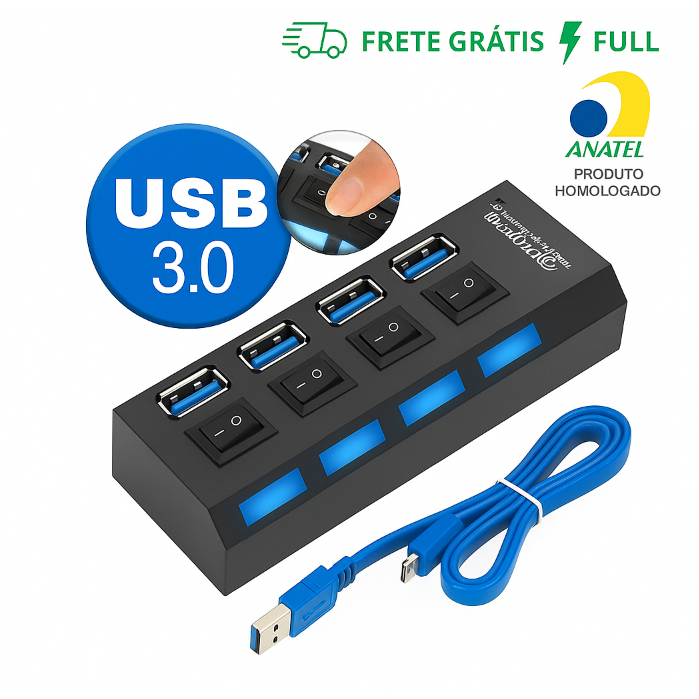 RÉGUA HUB USB 3.0 HI-SPEED 4 PORTAS 5 GBPS