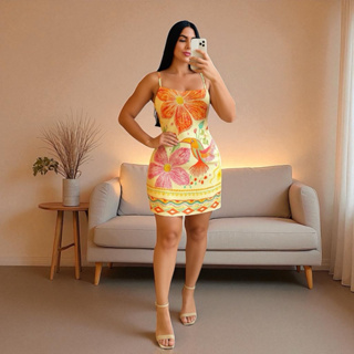 Vestido Feminino Curto Tubinho Estampado Tropical Alcinha Florido Primavera Verão Praia 2025 2026 em Oferta na Shopee