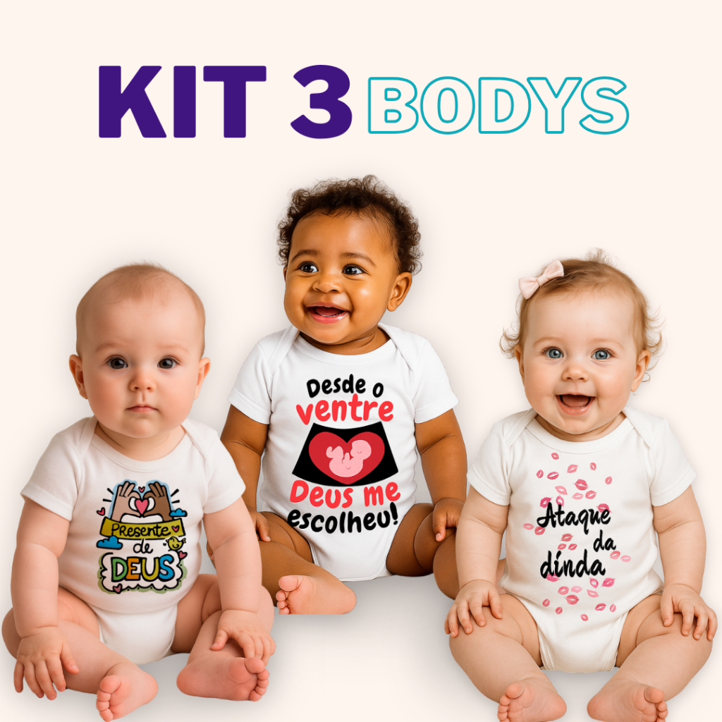 KIT 3 BODYS INFANTIS ESTAMPADOS EM SUEDE RELIGIOSO FRASE ALEGRE DIVERTIDO