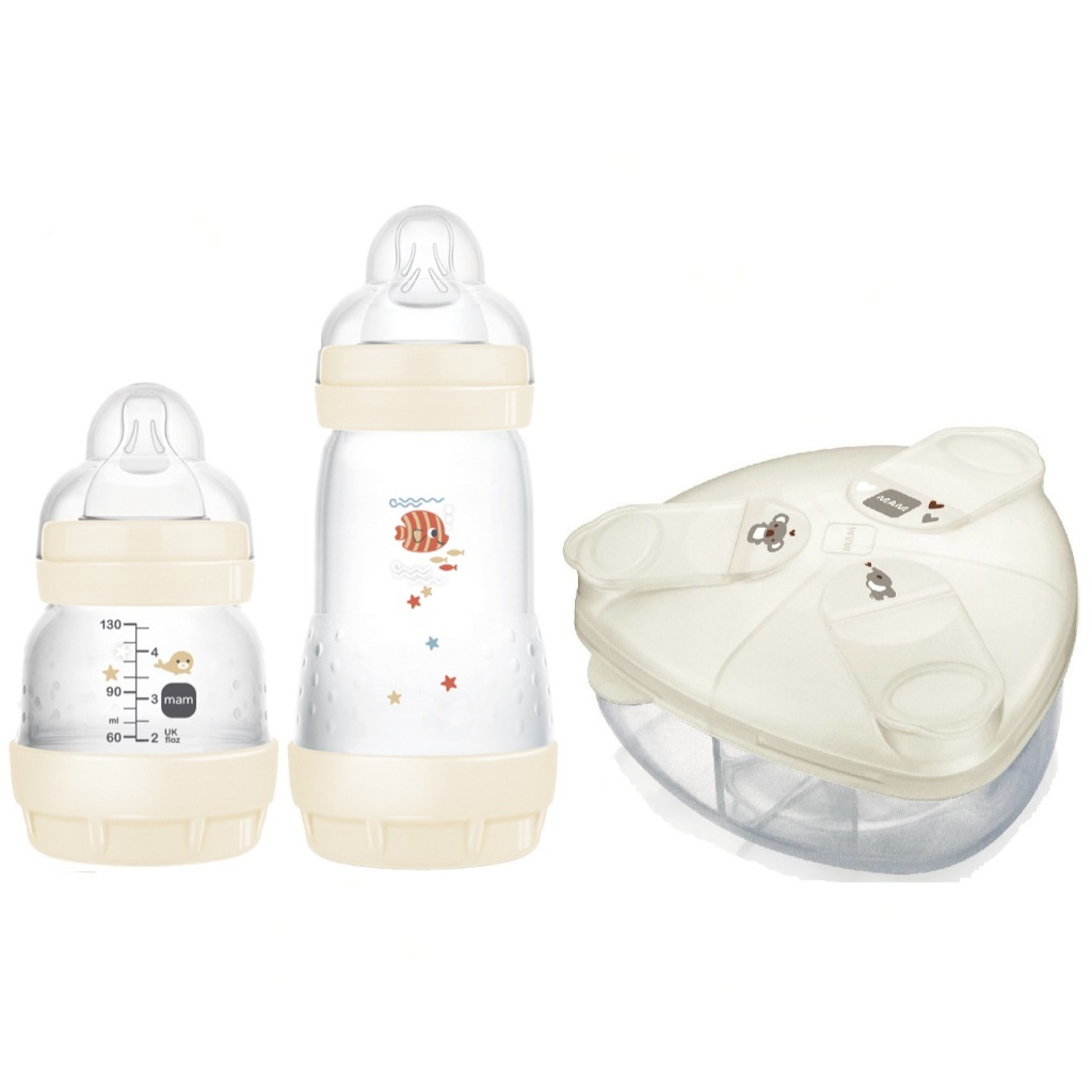 Kit Mamadeira Mam Easy Start Anticolica Starter 130 e 260ml + Porta leite em Pó C/3 Divisórias Bege