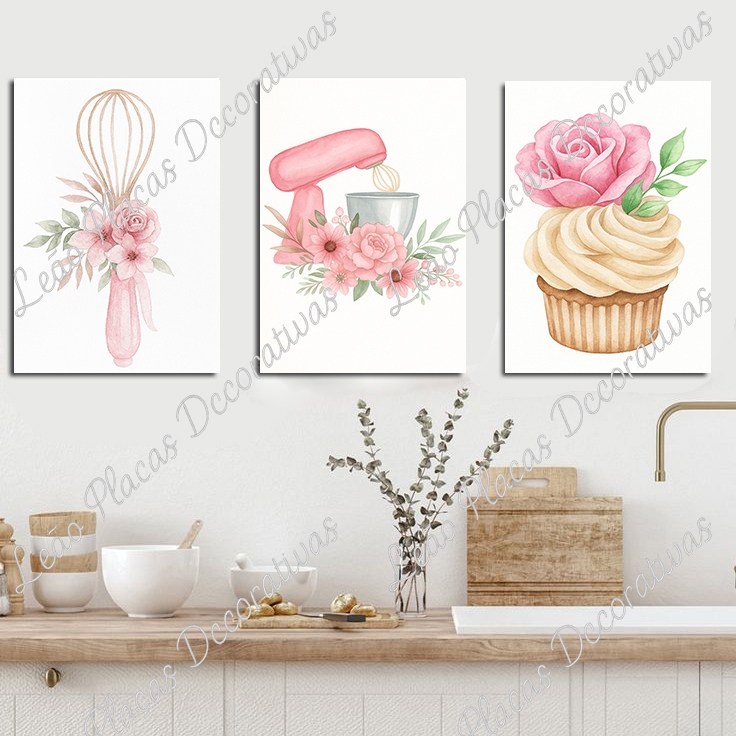 quadros de cozinha - imagens elegante aquarela - flores batedeira - tons rosa bebe - kit 3 placas MDF 20x30cm em Oferta na Shopee
