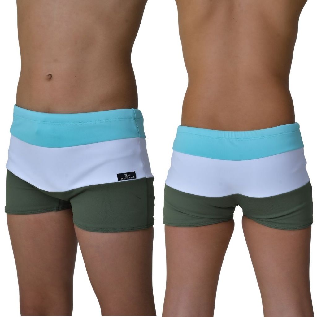 Sunga Infantil Boxer Moda Praia Tricolor Azul Turquesa Branco e Verde Militar Proteção UV
