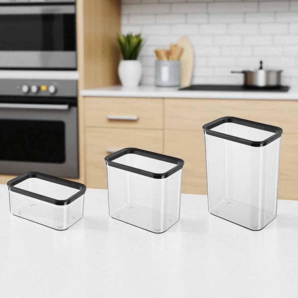 Conjunto 3 Potes Organizadores de Despensa Armário Geladeira  Herméticos com Fechamento Vedado Transparente Arroz Açucar