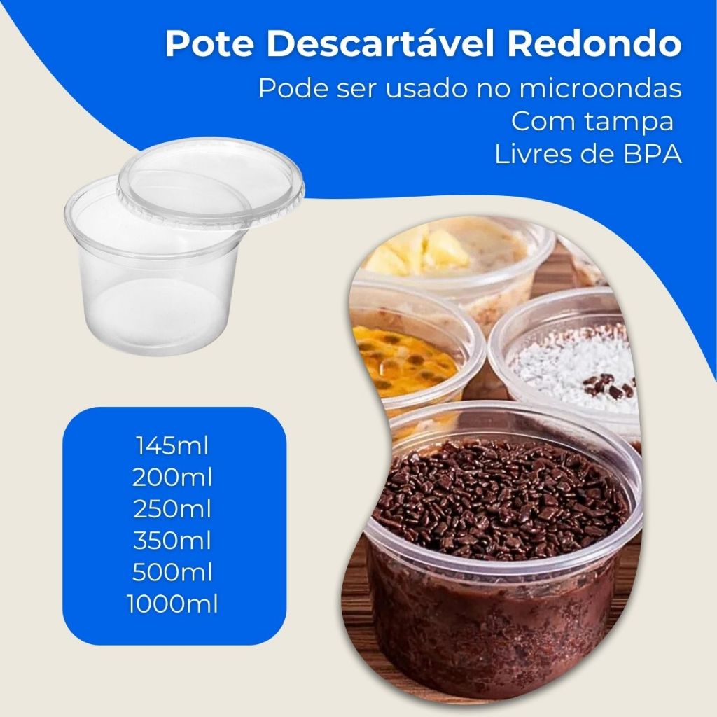 Pote Descartável Redondo Com Tampa da Prafesta Pacote com 24 Unid 145, 200, 250, 350, 500, 1000 ml