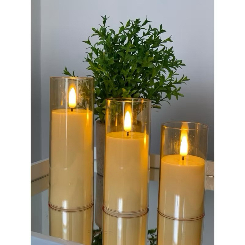 Trio Velas Com Castiçal Led Enfeite Decoração 10cm 13cm 15cm Bateria Importado