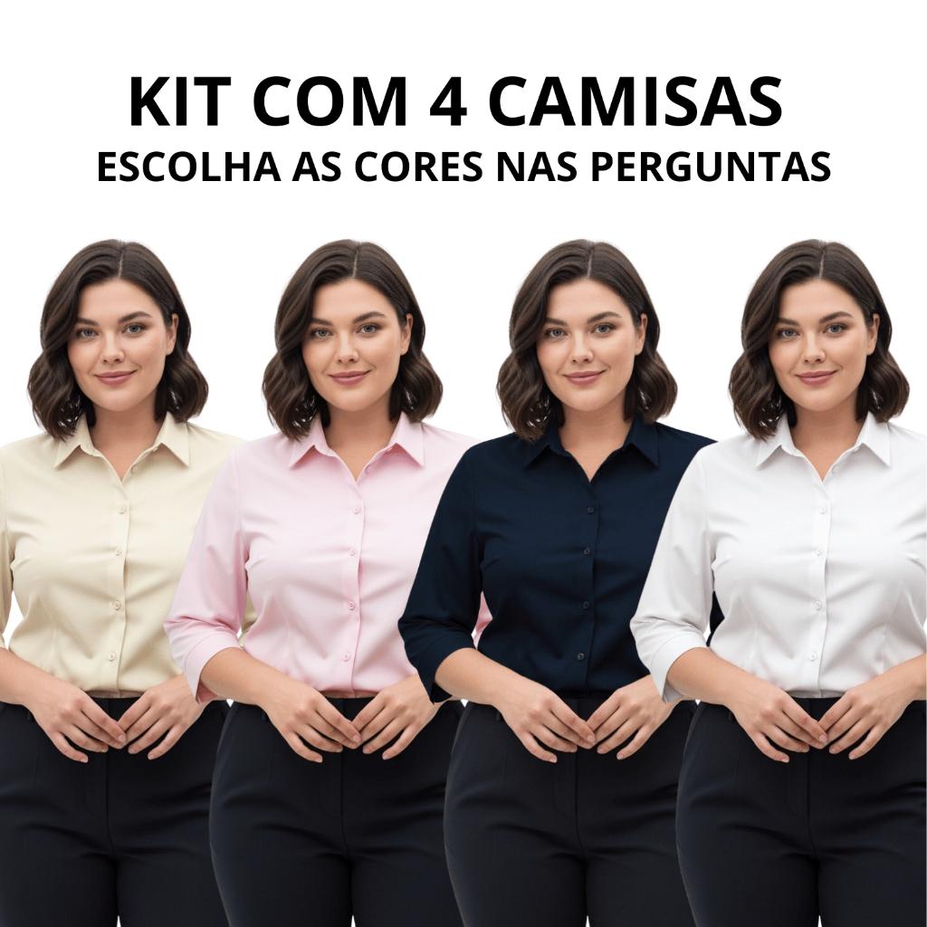 Kit 4 Blusa Social Feminina Manga 3/4 - Entrega Rápida Plus Size em Oferta na Shopee