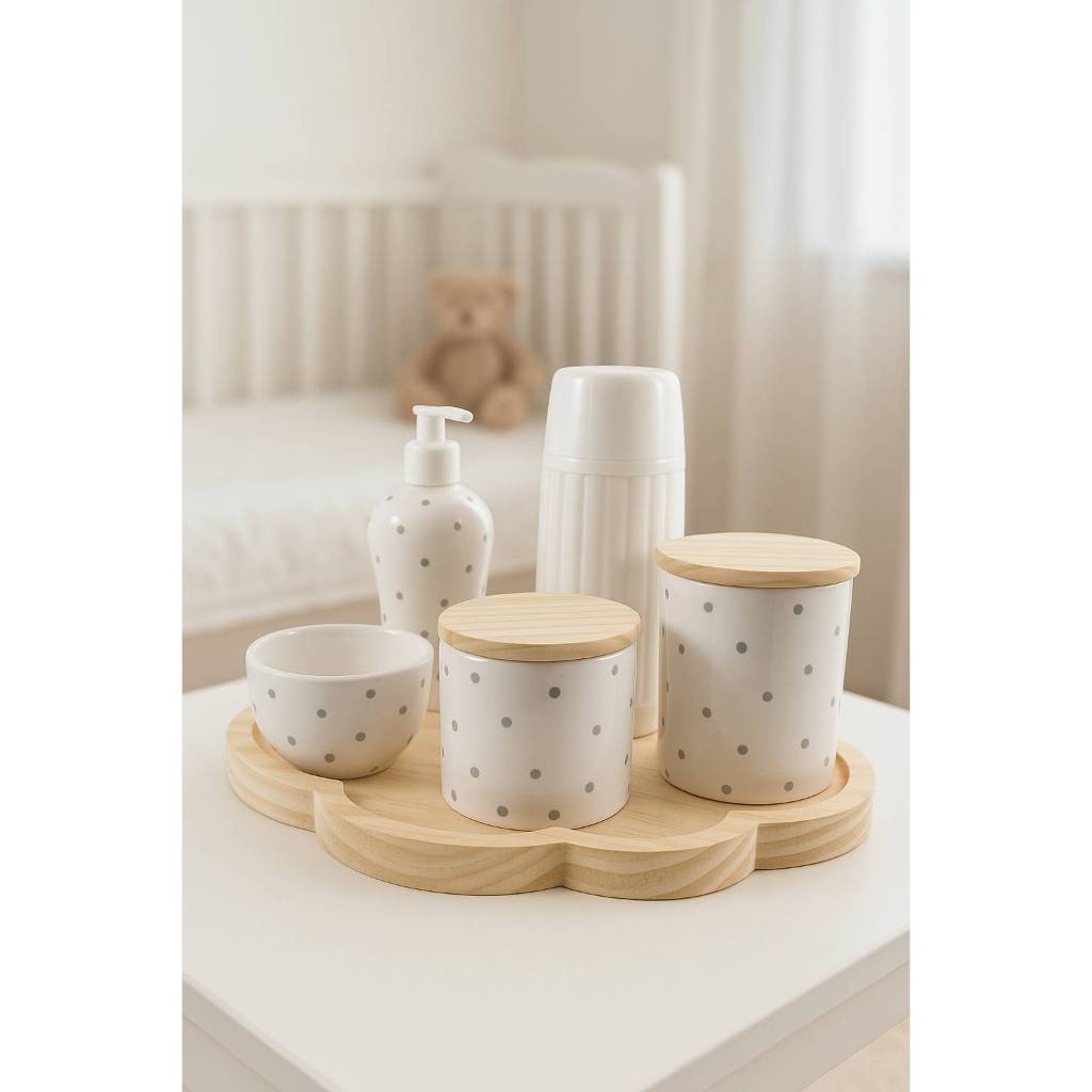 Kit Bebê Higiene Porcelana Bandeja Nuvem Madeira Organizador Decoração Menino Menina Com Garrafa xadrez em Oferta na Shopee