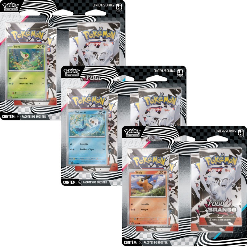 Kit com 3 Quádruplo Pack Pokémon Raio Preto Fogo Branco Snivy Tepig Oshawott Copag Cards Cartas