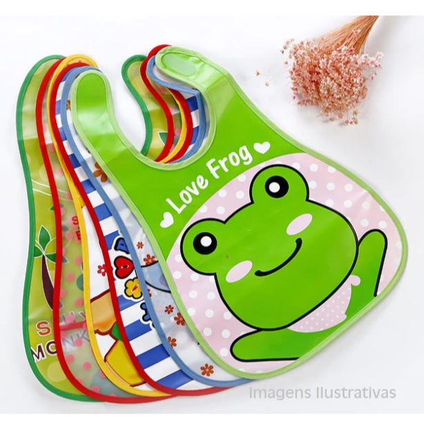 Kit 3 Babador Estampado Com bolso pega migalhas Impermeável Plástico Velcro