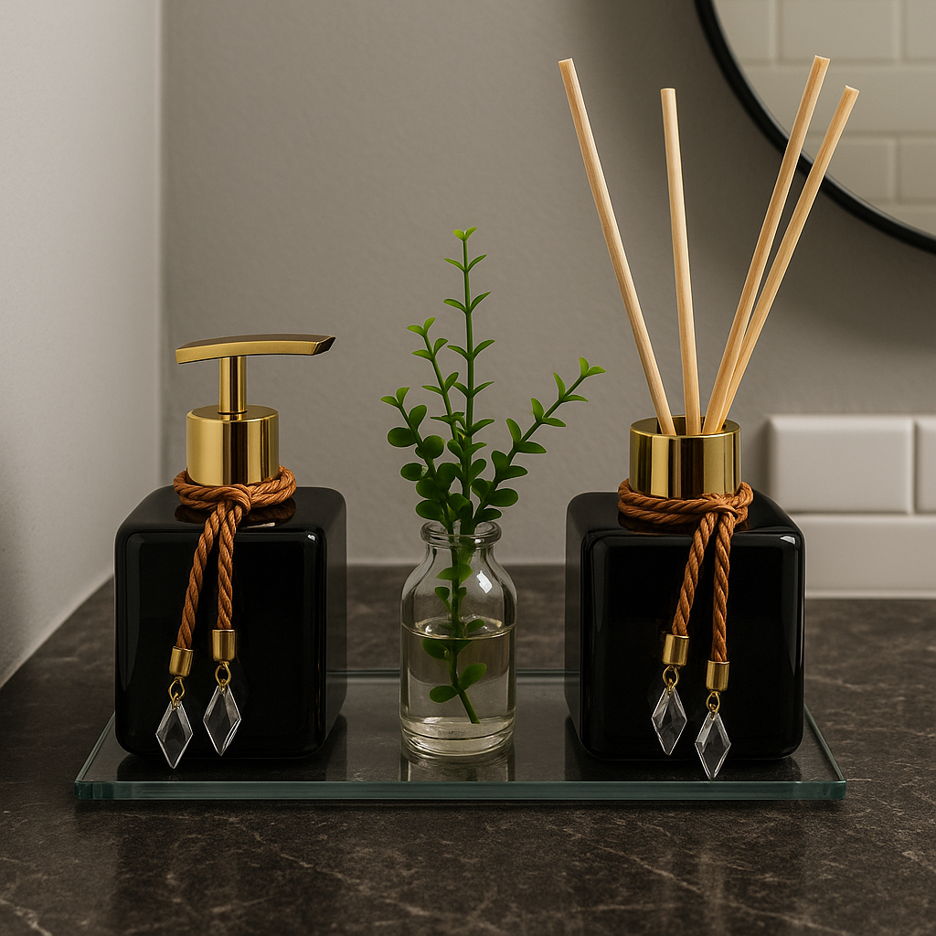 Kit Lavabo Banheiro Completo  Preto 300 ML Pet Com Vasinho de For e Bandeja Espelhada Luxo