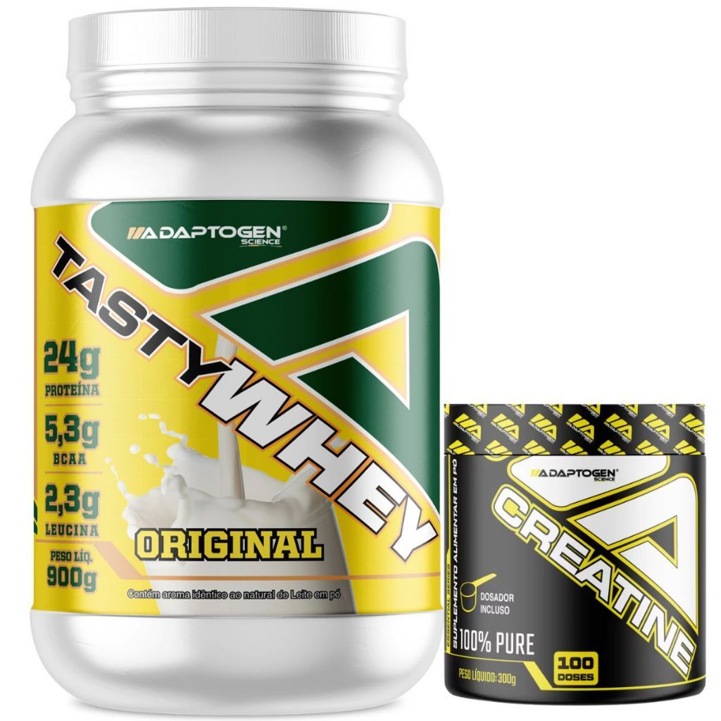 Kit Tasty Whey 900g + Creatina 300g -  Adaptogen em Oferta na Shopee