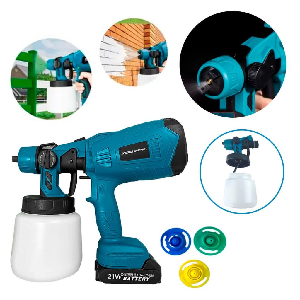 Pistola de Pintura e Pulverizadora Portátil [21V]Pulverizador Eletrico Portatil 1000ml + 3 Bicos Pulverizador Profission