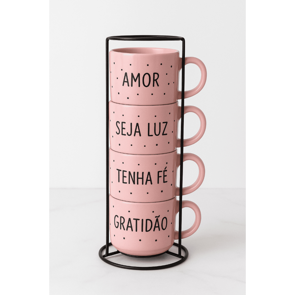 Jogo 4 Xícaras Rosa Poá Porcelana 200ml com Suporte | Gratidão Amor Fé Café Chá Presente