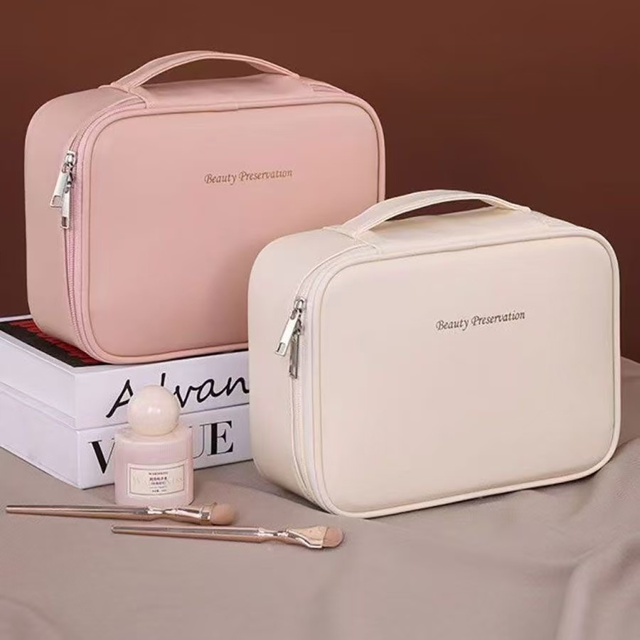 Bolsa De Armazenamento De Maquiagem De Couro PU Estojo Cosmético À Prova D'água De Grande Capacidade Com Separação Úmida