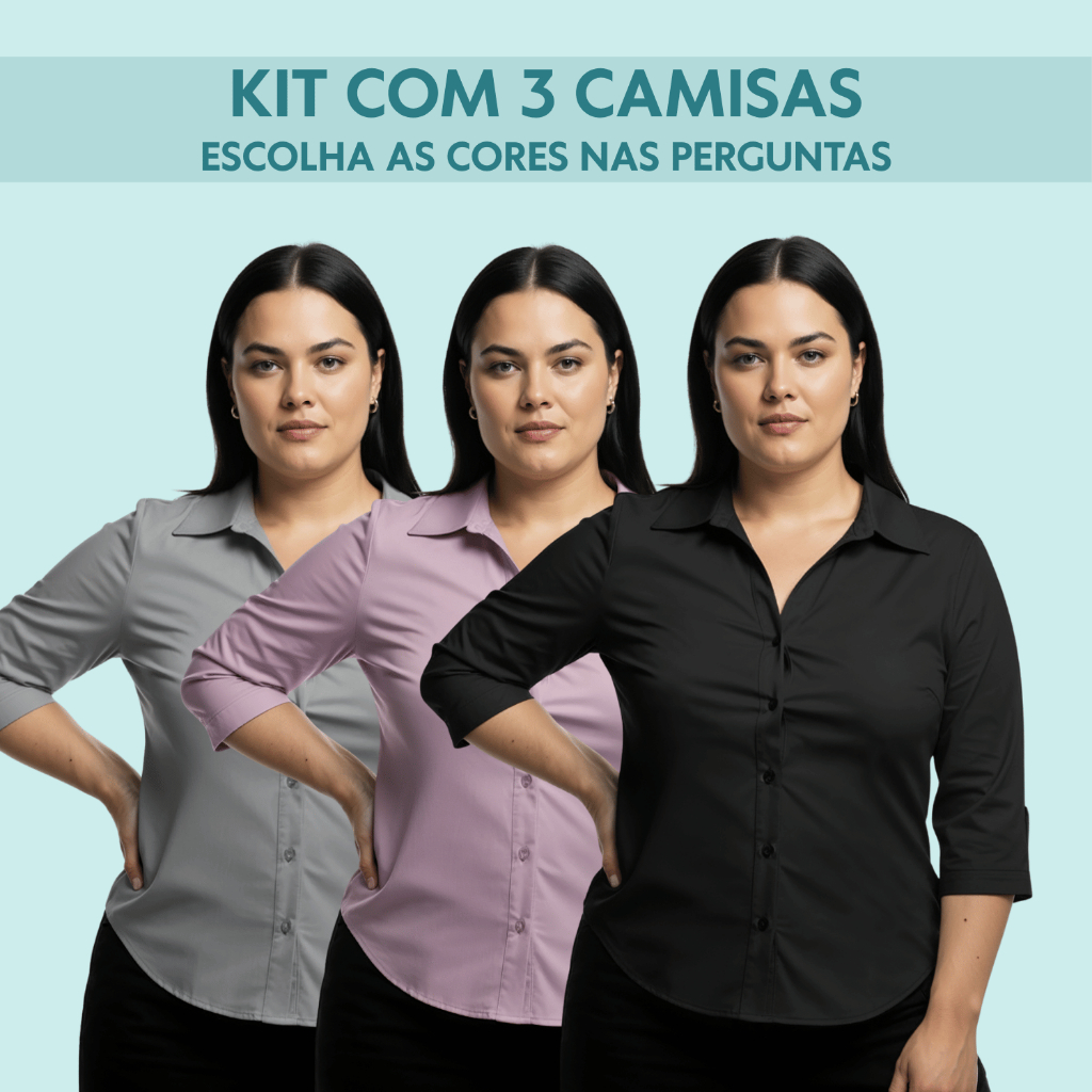 Kit 3 Camisa Feminina Social Manga 3/4 Plus Size Camisa Social Feminina Tamanho Extra Grande Com Lycra Tecido Não Amassa