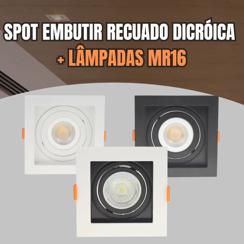 Spot Embutir Recuado Quadrado Dicroica MR16 Gu10 Fundo Preto Branco Embutido com Lâmpadas