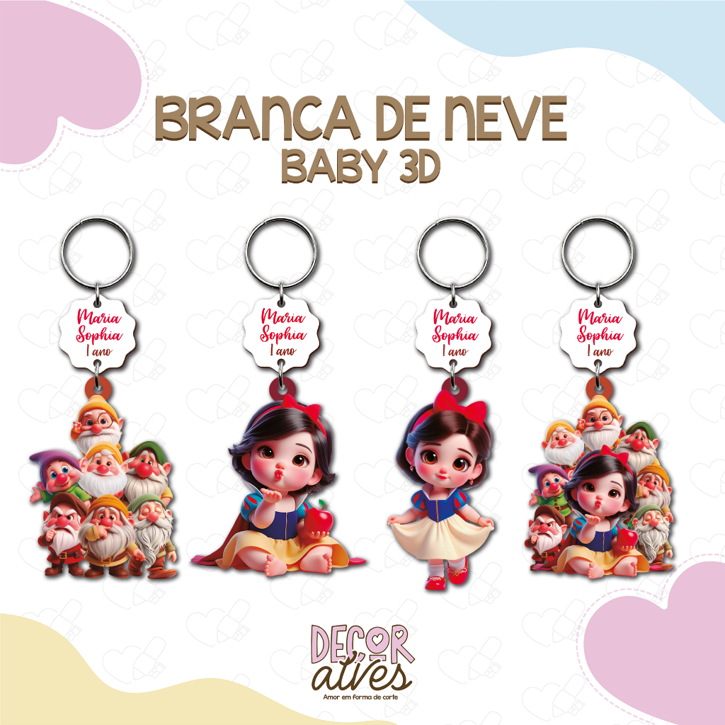 Branca de Neve Baby 3D - Chaveiro Personalizado MDF brilhoso Lembrancinha infantil em Oferta na Shopee