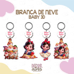 Branca de Neve Baby 3D - Chaveiro Personalizado MDF brilhoso Lembrancinha infantil