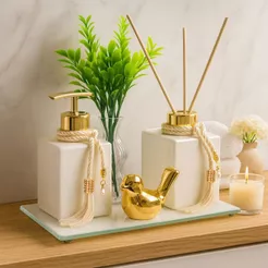 Kit Banheiro Lavabo Difusor Aromatizador e Saboneteira Luxo C/ Bandeja Espelhada