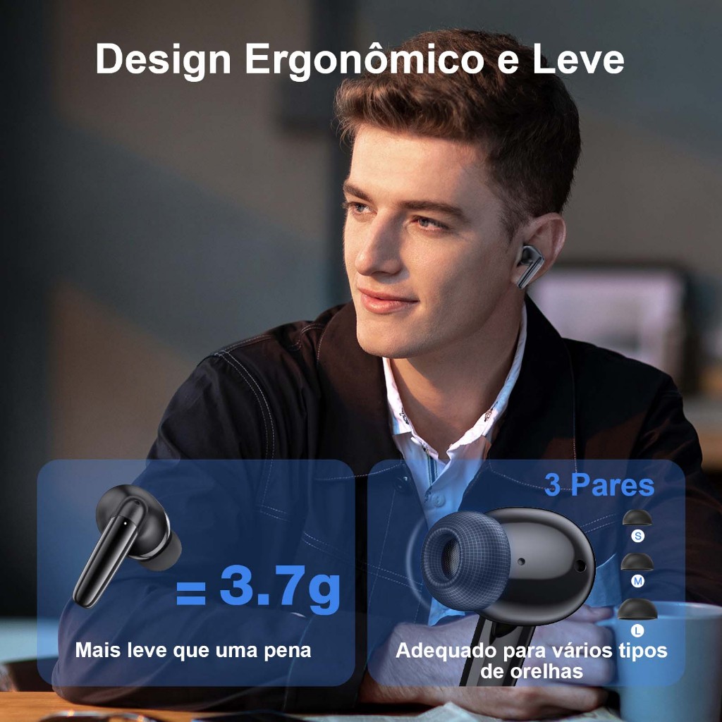 Fone de ouvido Bluetooth 5.3 Sem Fio 1HORA AUT114 Intra auricular confortável 25 horas de reprodução - detalhe