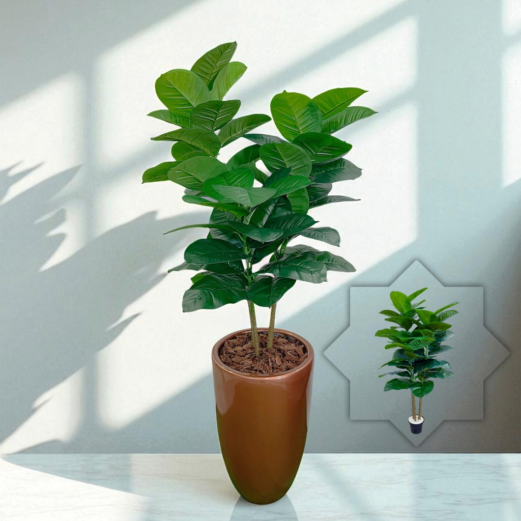 Planta Árvore Artificial Ficus Elastica 52 folhas Grande 1,20M Decorativa Realista Verde Toque Real