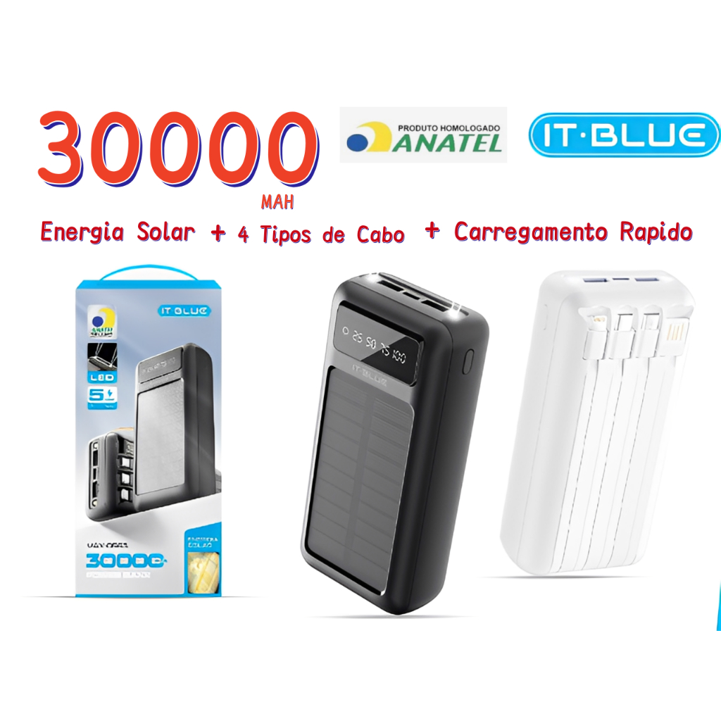 Carregador Portátil Power Bank Solar 30.000mah Com cabos 5 Em1 Carga Rapida LED Lanterna IT BLUE