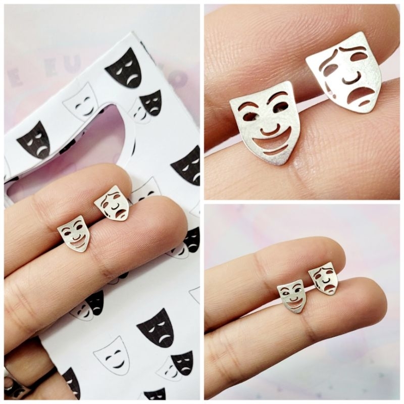 Brinco Máscaras de teatro aço inox cirúrgico mascaras mascara Máscara Artes cênicas chora agora ri depois ator atriz em Oferta na Shopee