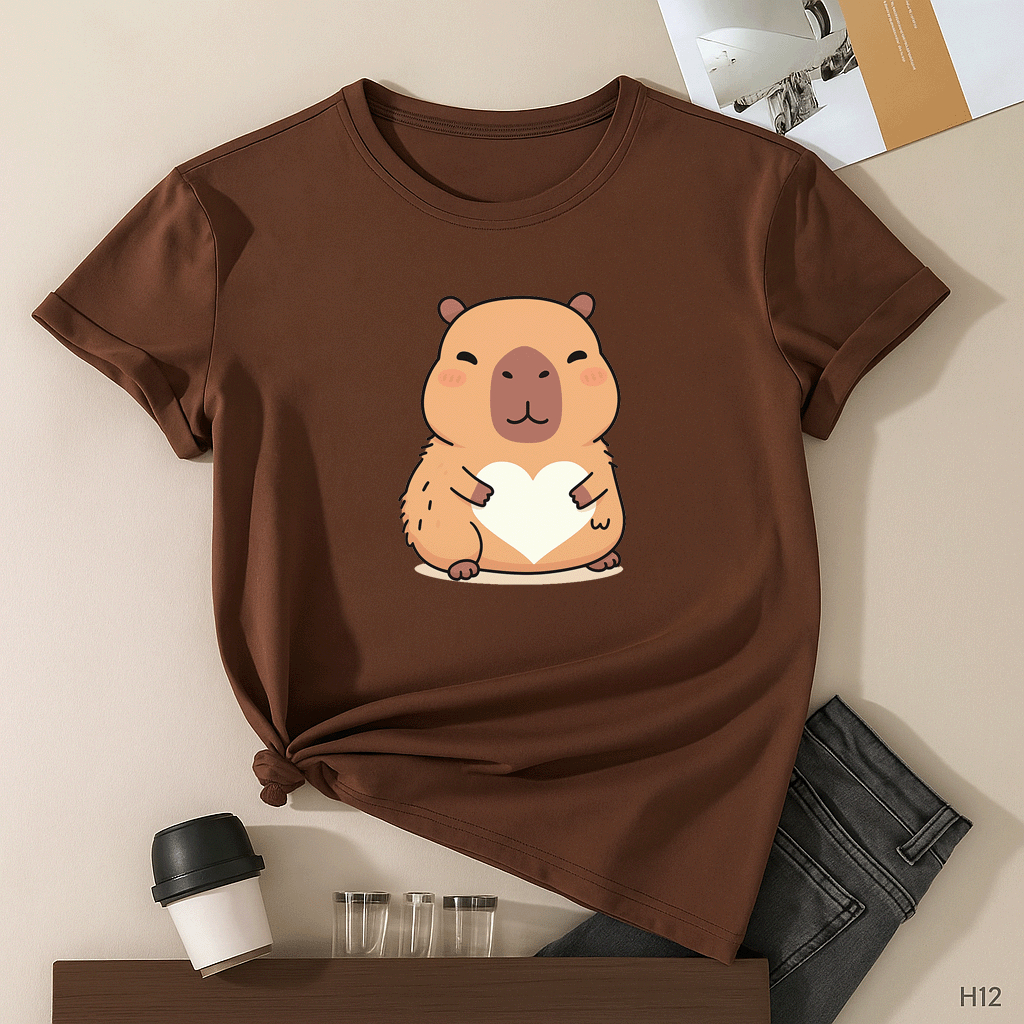 Camiseta Feminina Capivara Fofa Coração – T-Shirt Algodão Estampa Cute