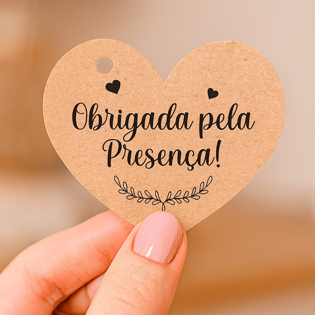 100 Tags “Obrigada pela presença” Formato de Coração 4,5cm  Papel Kraft – Ideal para casamentos, Chá de Bebê Revelação