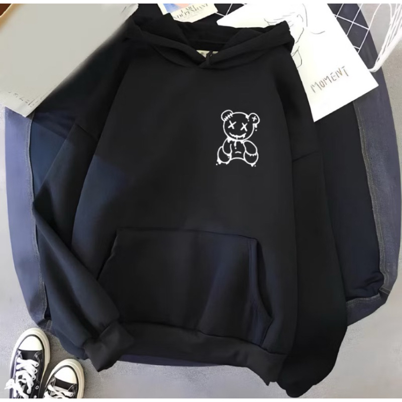 Blusa Moletom Canguru Feminino Unissex Flanelado Estampado Capuz Inverno Preto Urso058