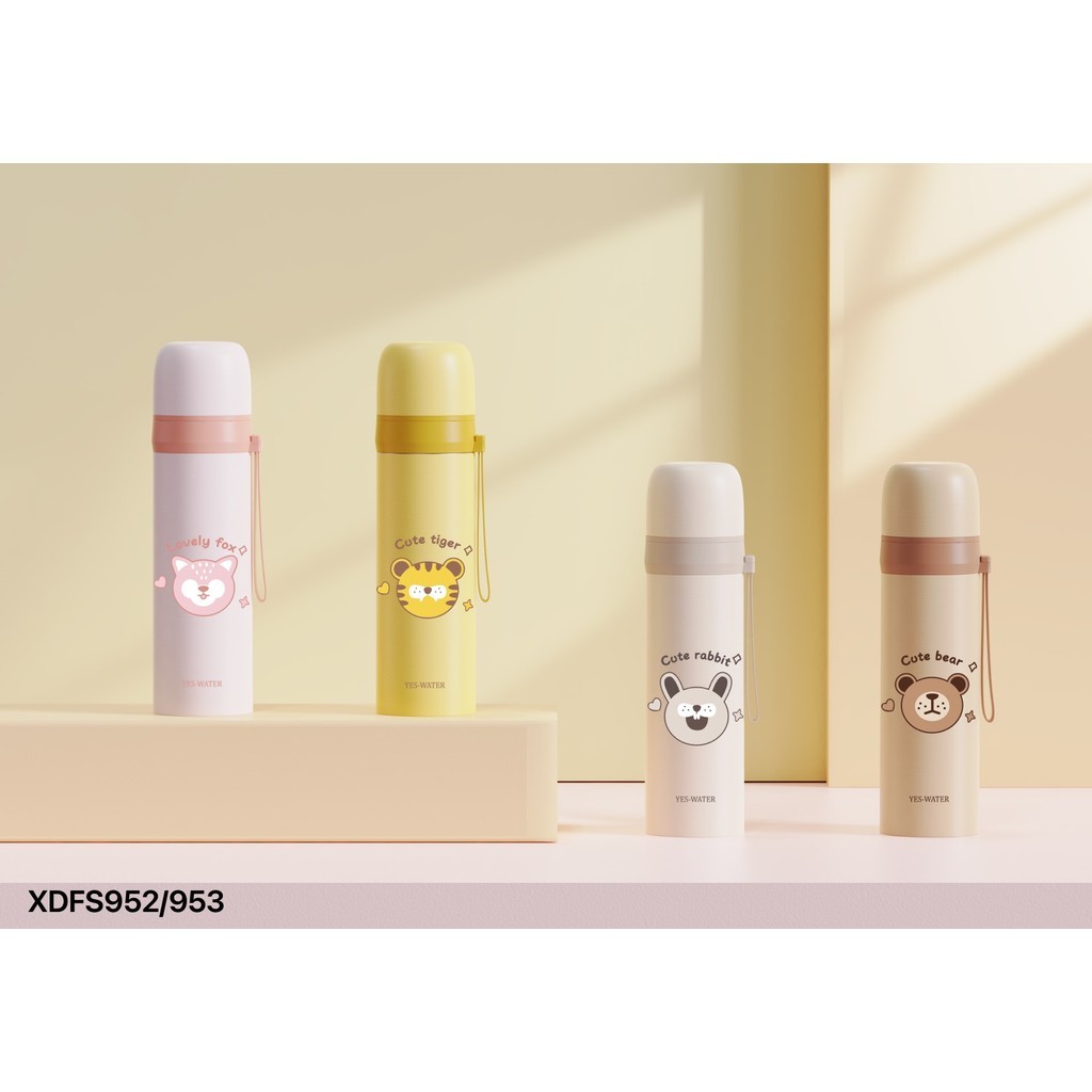 Garrafa Térmica de 480 ml em Aço Inox 304 Com Estampa de Bichinhos e Alça De Silicone